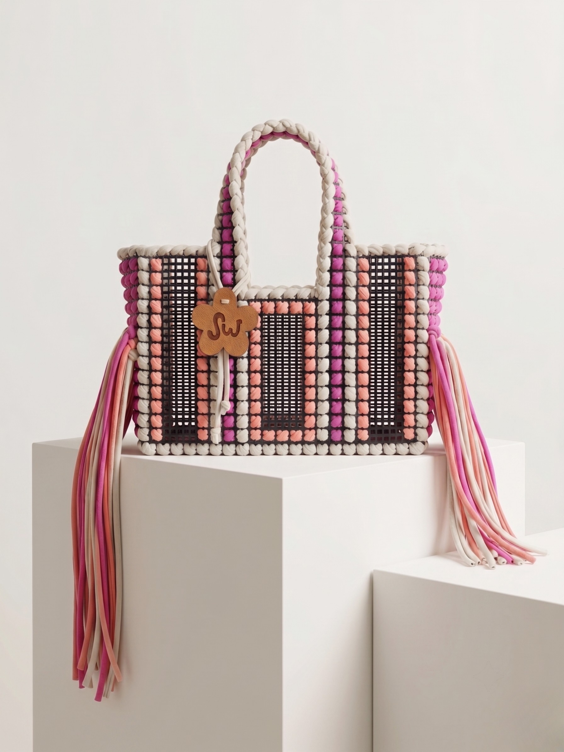 A woven tote bag with pink, beige, and black striped patterns, featuring braided rope handles, long pink and beige tassels, and a wooden monogram charm that reads 'SJ'. The bag is displayed on a white geometric pedestal against a clean white background.