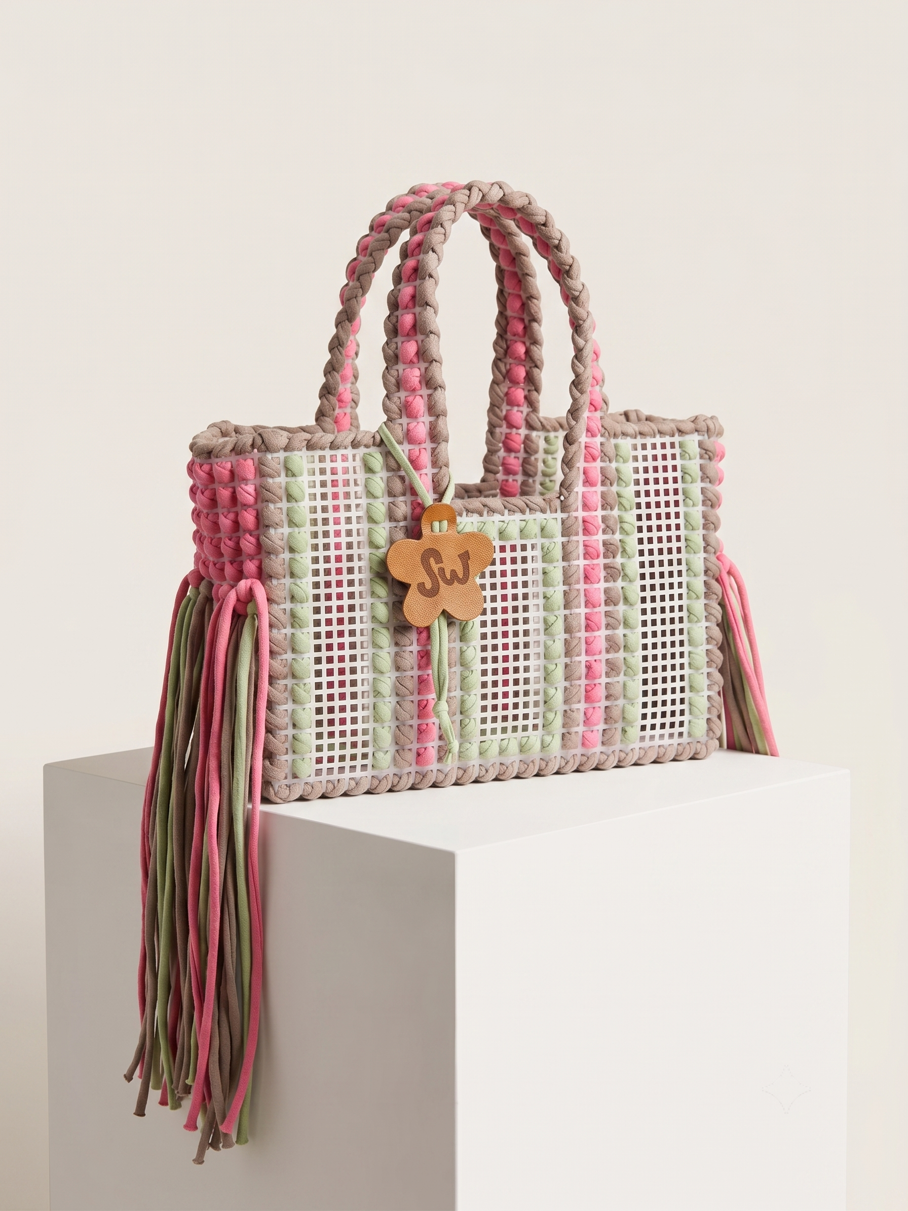 A woven tote bag with pink, sage green, and beige plaid stripes, featuring braided top handles, long hanging tassels, and a wooden flower-shaped charm engraved with 'JoJo'. The bag is displayed on a white block pedestal against a light beige background.