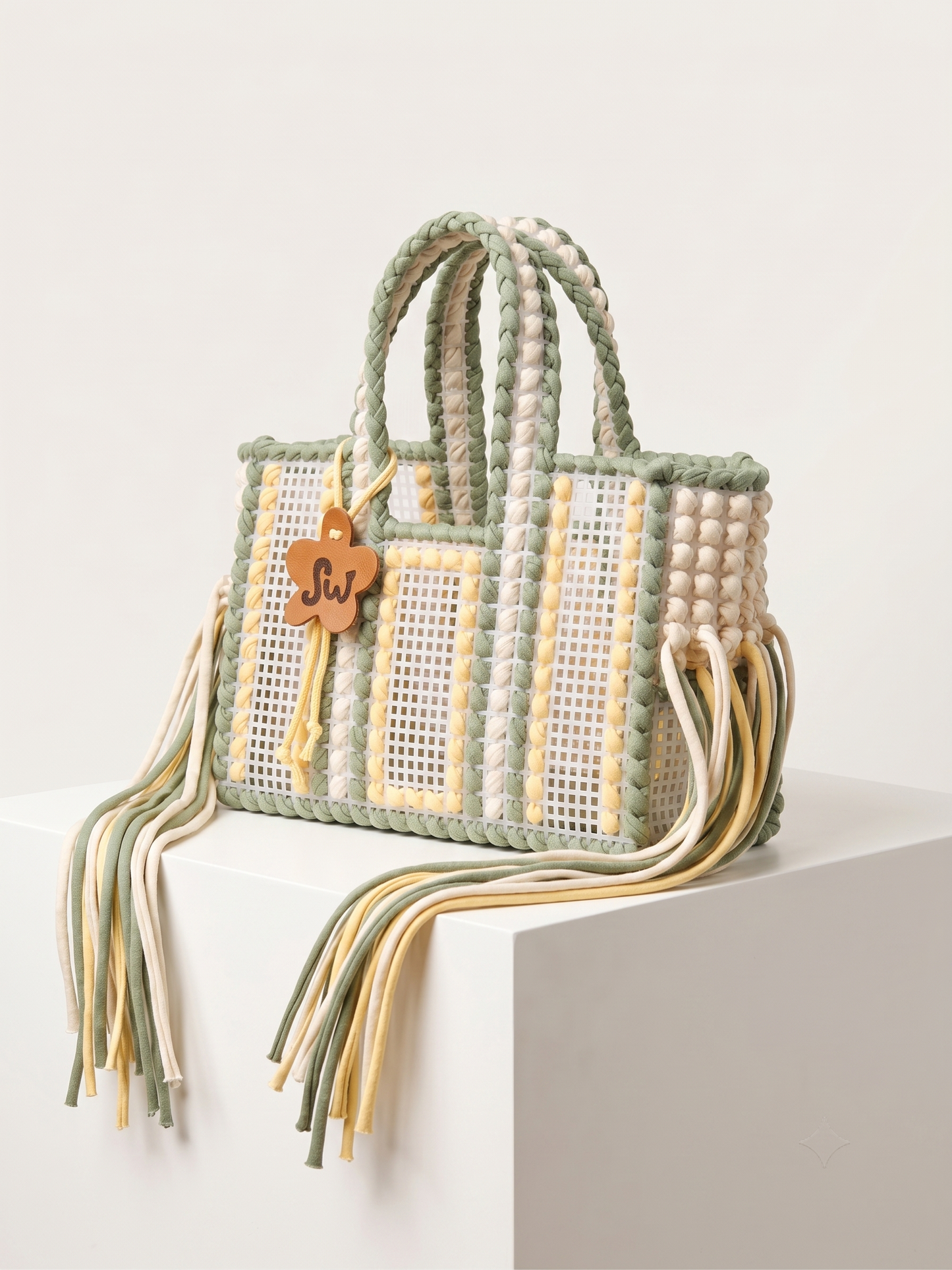 A woven tote bag with braided handles and long fringe tassels, shown on a white display block against a light neutral background. The bag features a pattern of sage green, cream, and pale yellow, with a small wooden star charm hanging from the side.