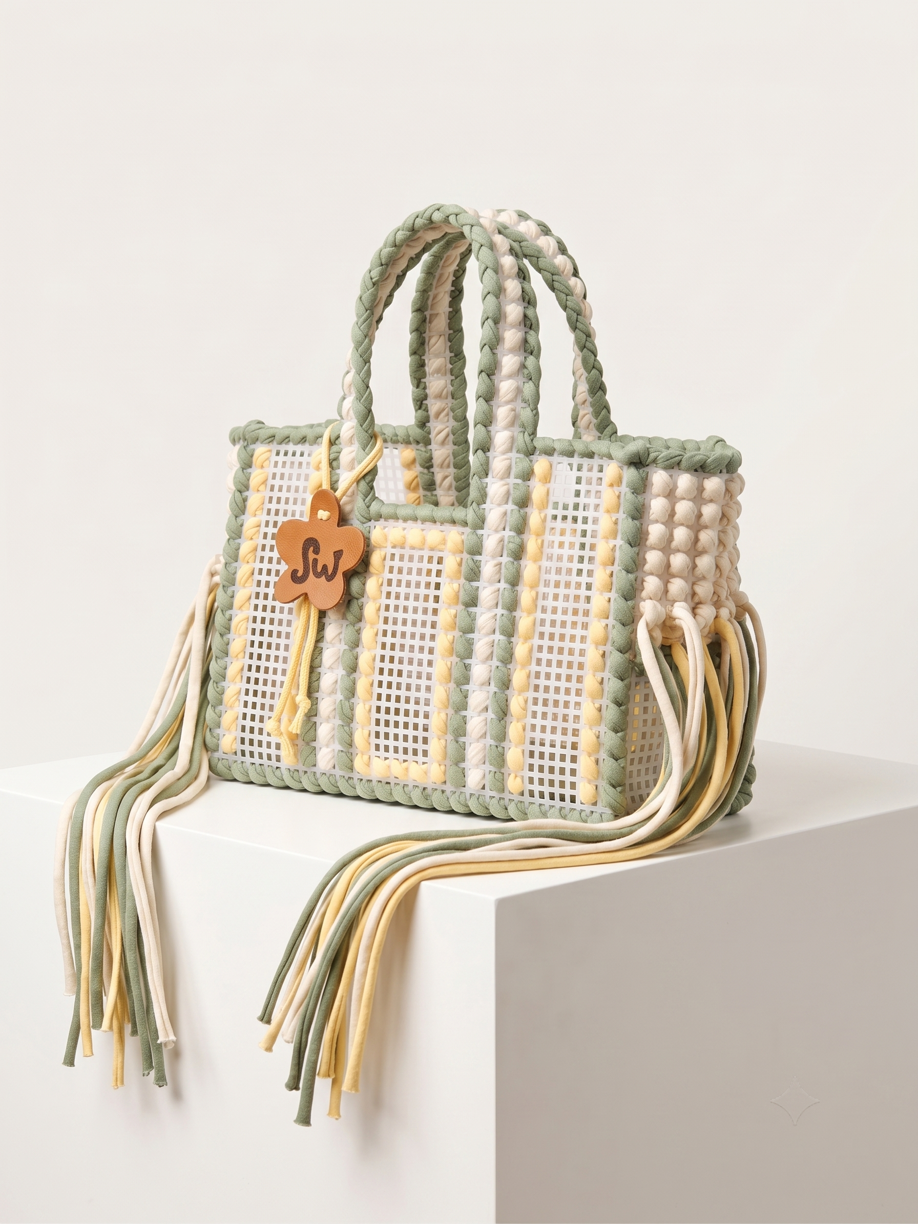 A woven tote bag with braided handles and long fringe tassels, shown on a white display block against a light neutral background. The bag features a pattern of sage green, cream, and pale yellow, with a small wooden star charm hanging from the side.